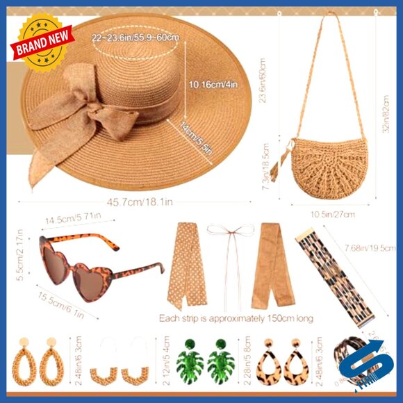 Boho Beach Set Floppy Sun Hat Straw Bag Sunglasses Earrings Bracelet